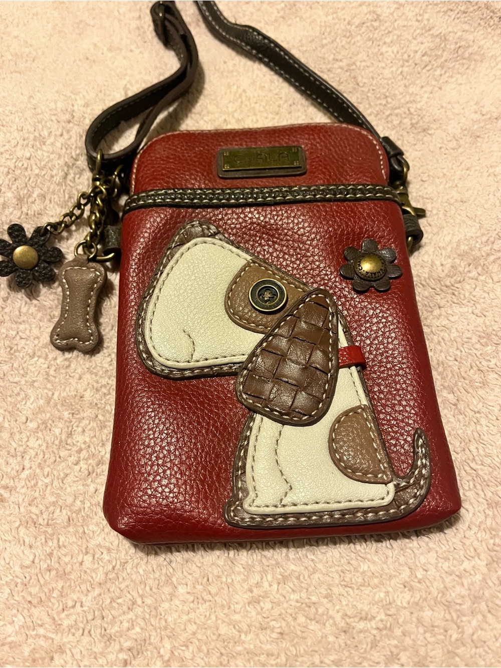 Chala Faux Leather Crossbody Phone Bag with Dog Appliqué - Red
